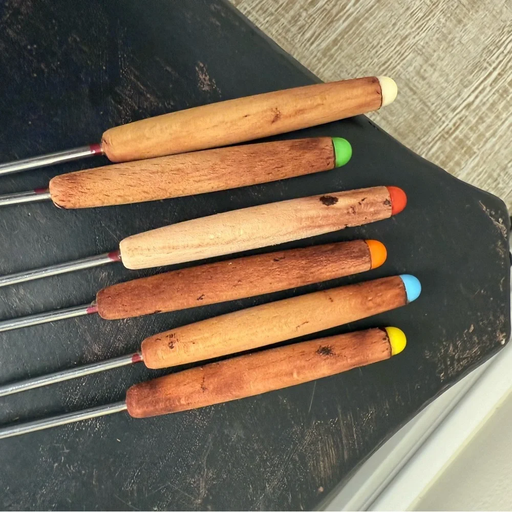 Set of 6 Color-Coded Fondue Forks with Wooden Handles